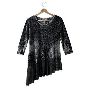 One World Velvet Tunic Top XS Asymmetrical Mesh Skirted Hem Gray Paisley Ombre
